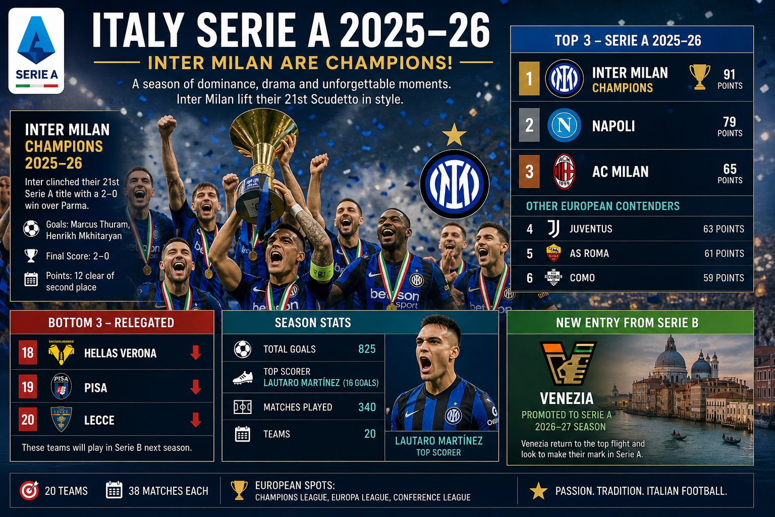 Serie A szezonzáró: A Como és az AS Roma a Bajnokok Ligáját ünnepli, a favoritok összeomlottak